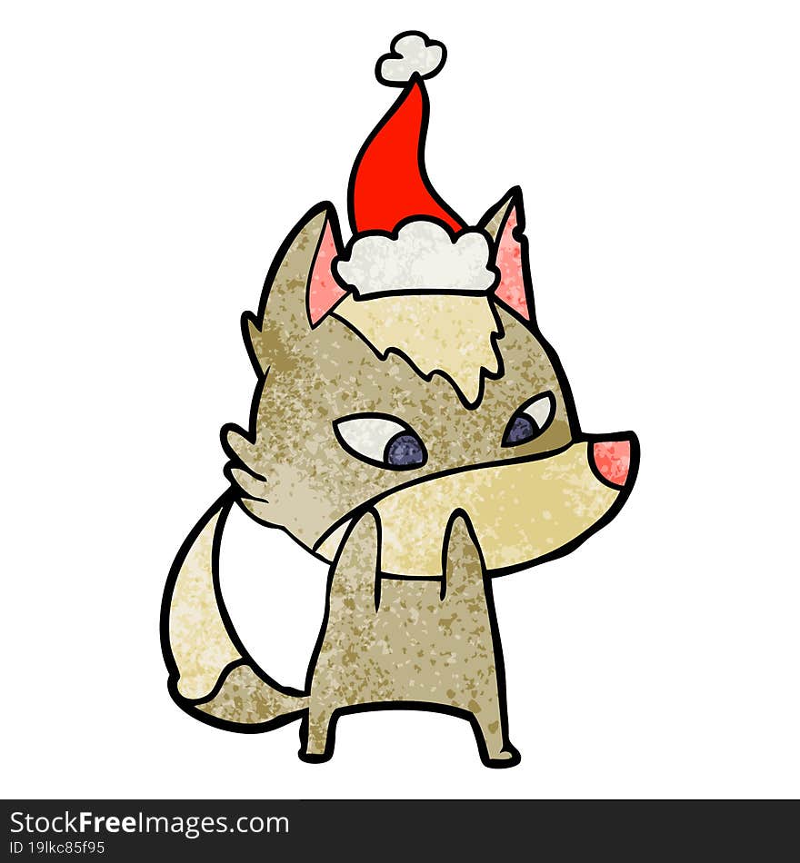 Shy Textured Cartoon Of A Wolf Wearing Santa Hat