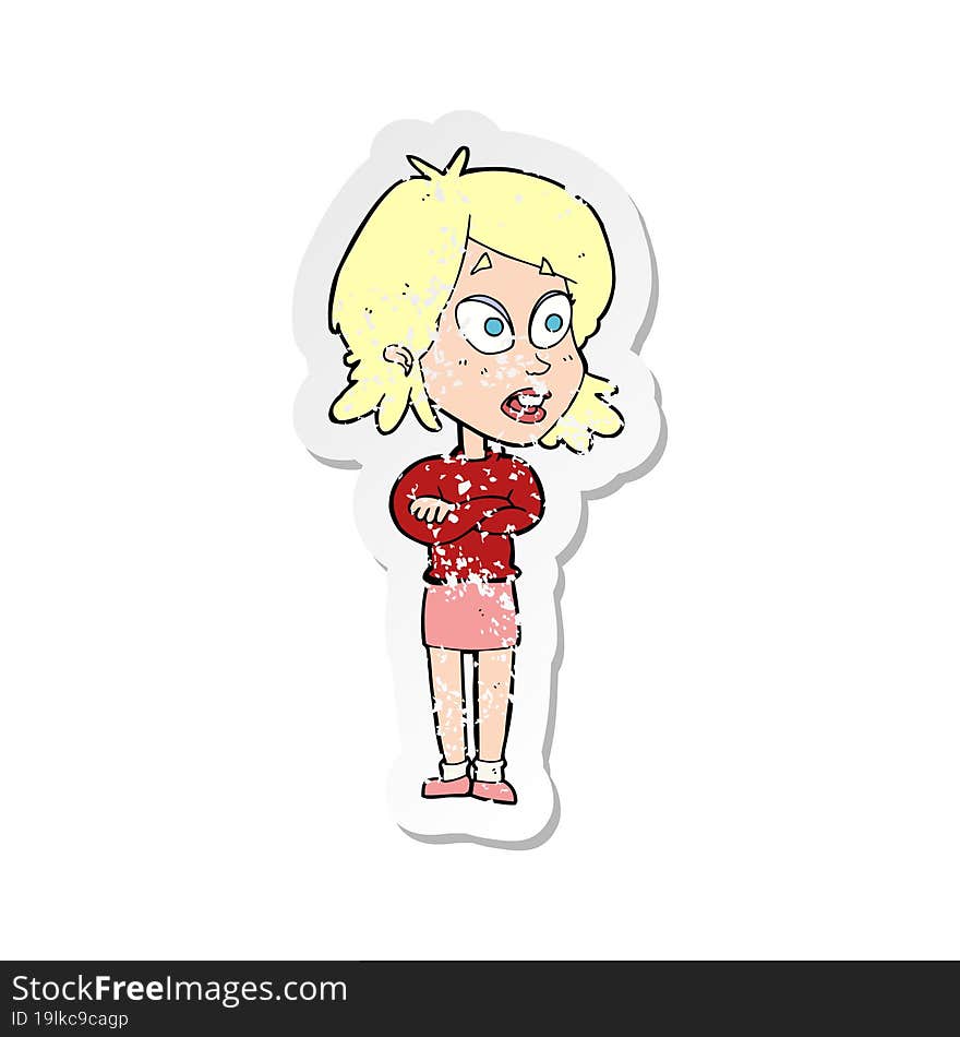 retro distressed sticker of a cartoon surprised woman