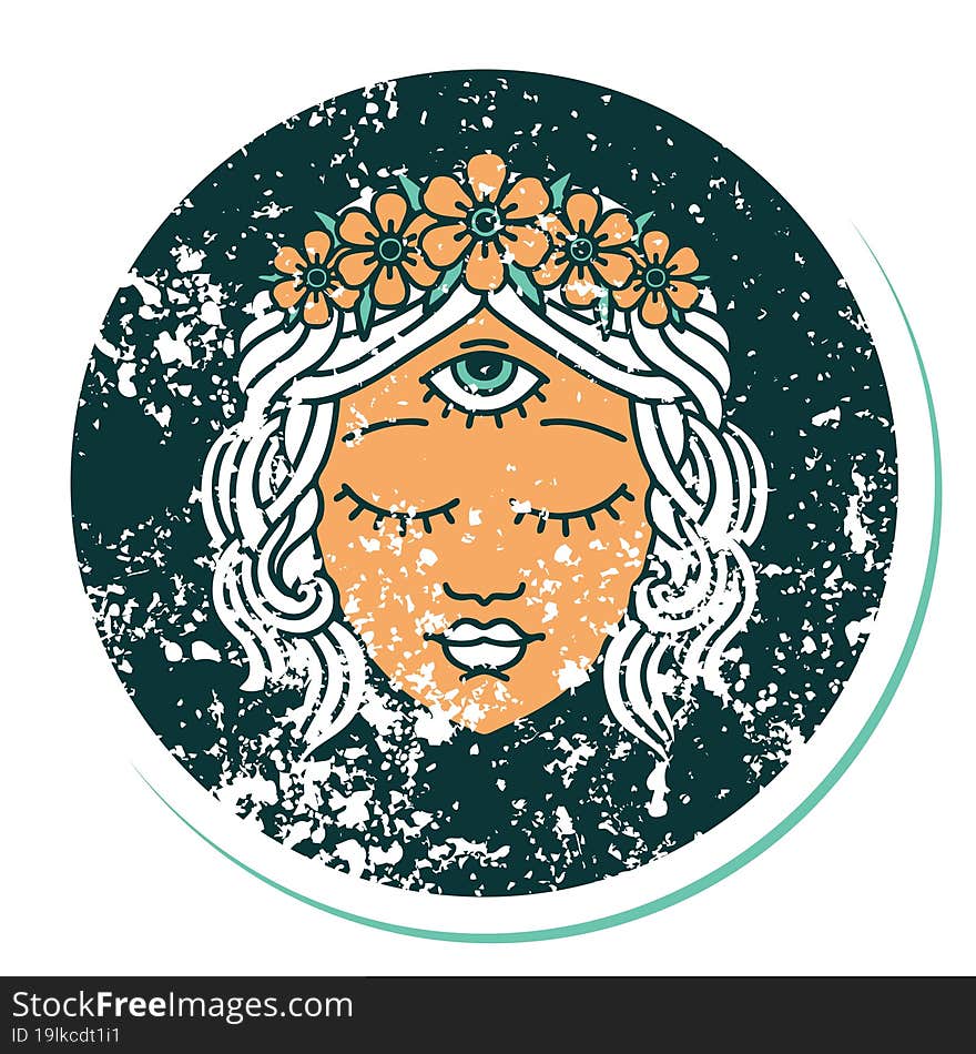 distressed sticker tattoo style icon of female face