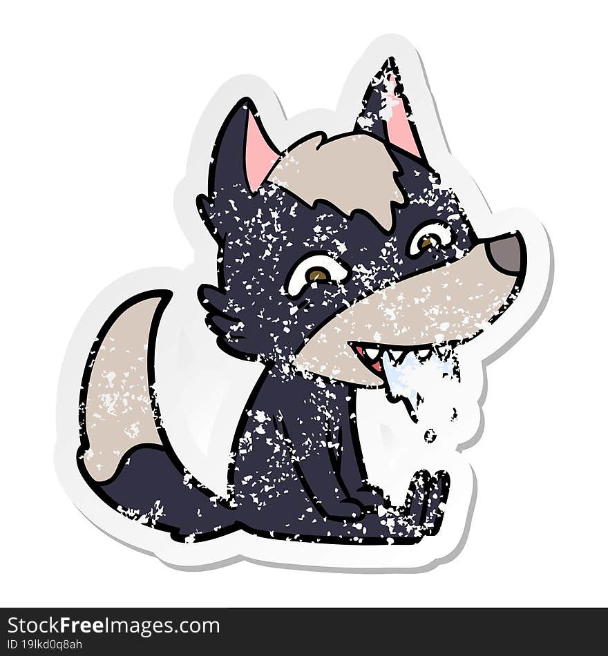 distressed sticker of a cartoon hungry wolf sitting waiting