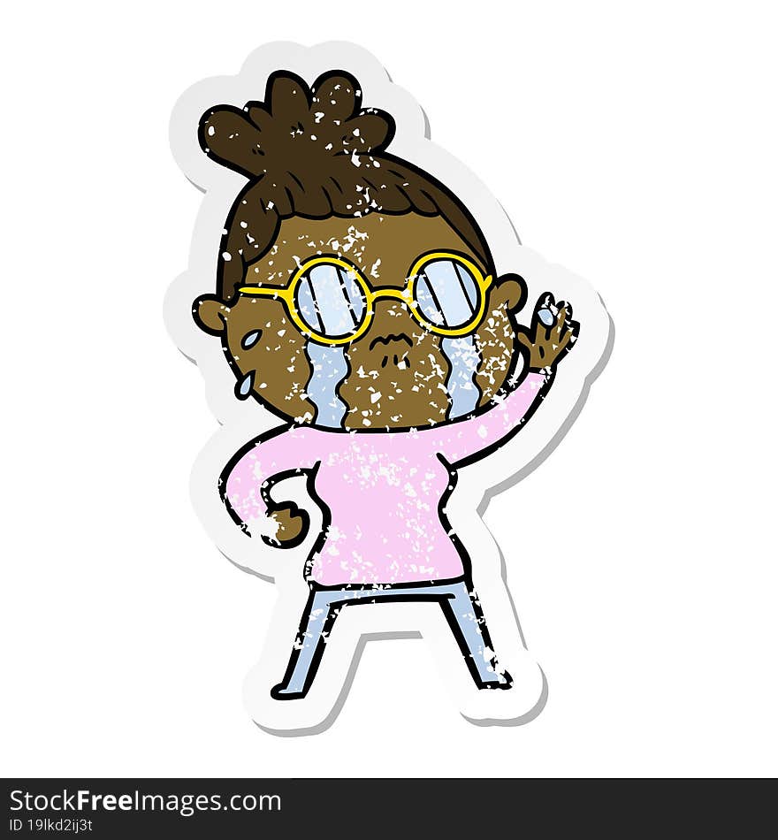 distressed sticker of a cartoon crying woman wearing spectacles