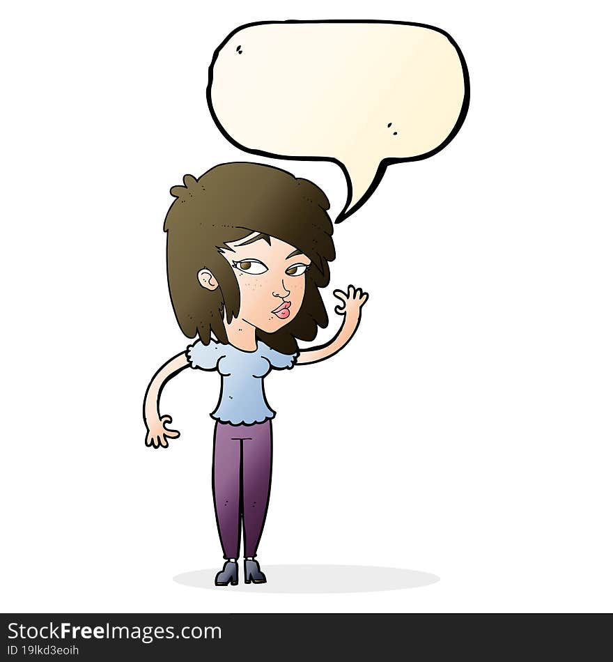 Cartoon Pretty Woman Waving With Speech Bubble