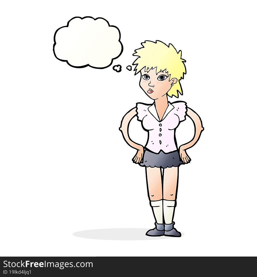 cartoon woman with hands on hips with thought bubble