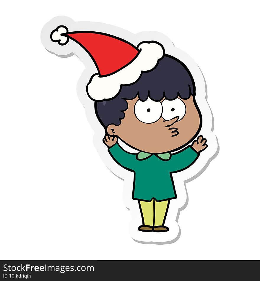 sticker cartoon of a curious boy wearing santa hat