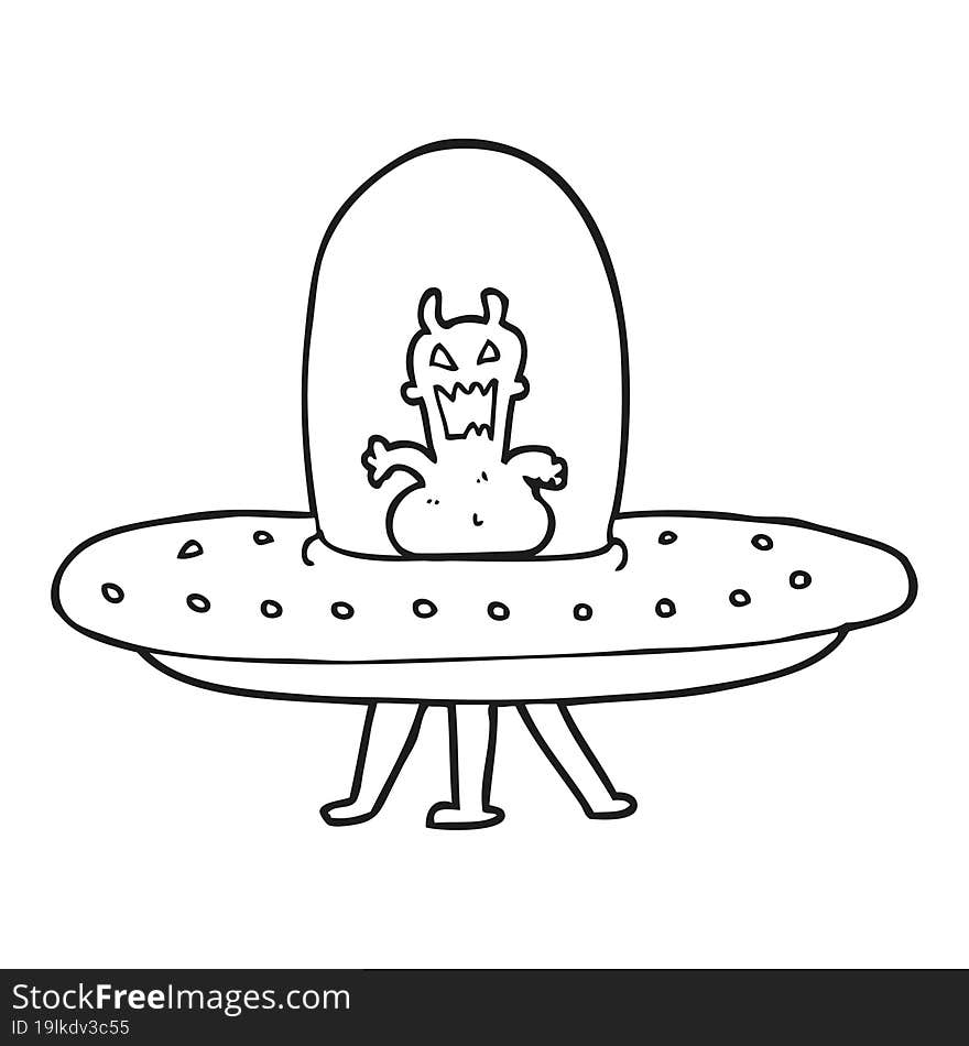 Black And White Cartoon Alien In Flying Saucer