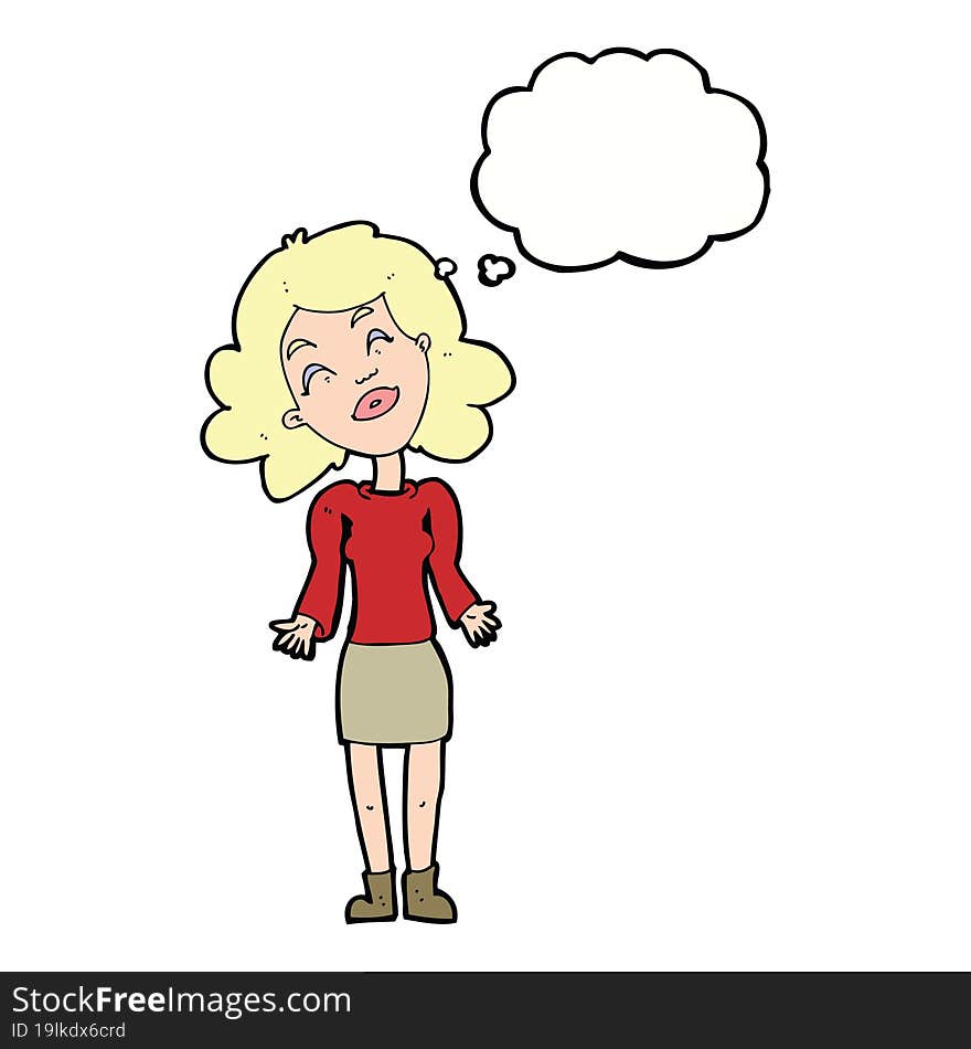 cartoon woman shrugging shoulders with thought bubble