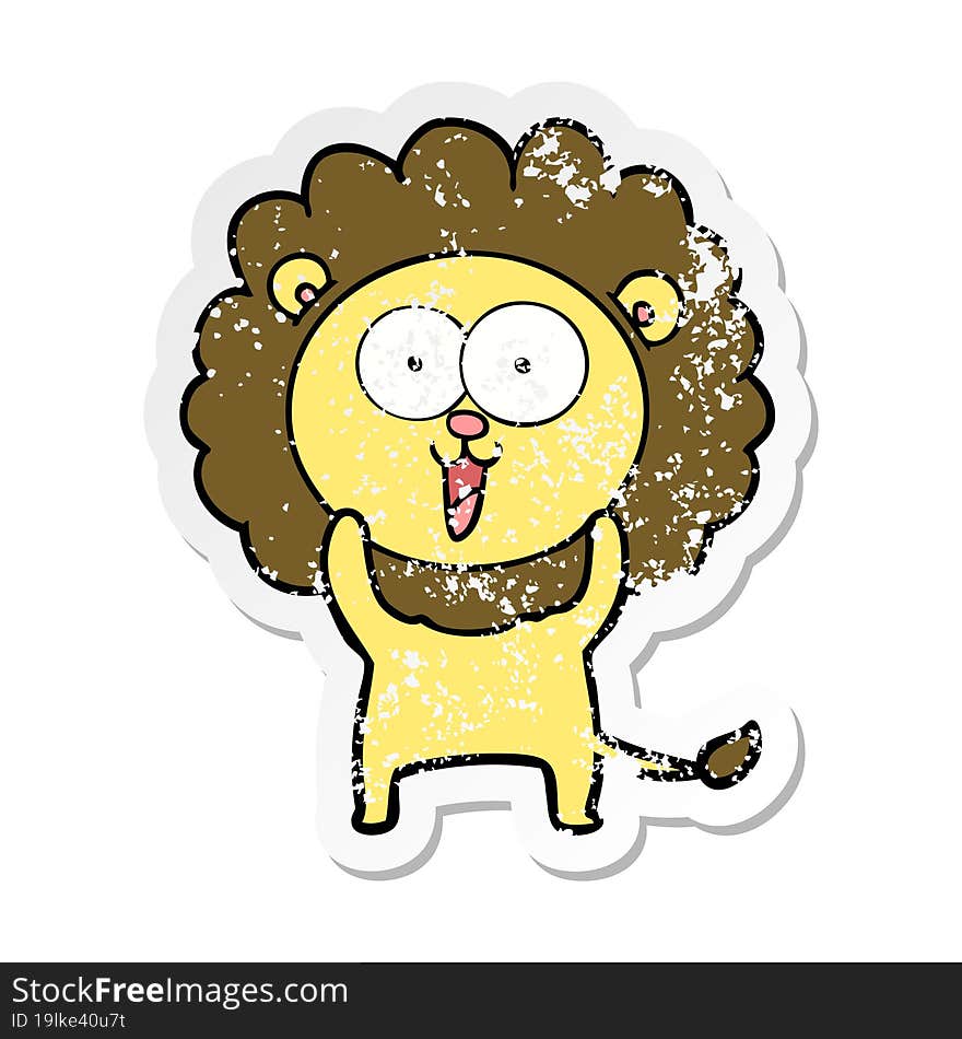 distressed sticker of a happy cartoon lion