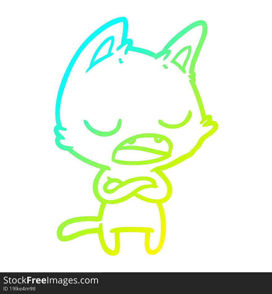 cold gradient line drawing of a talking cat with crossed arms