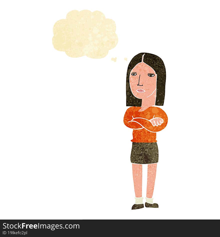 cartoon woman with folded arms with thought bubble