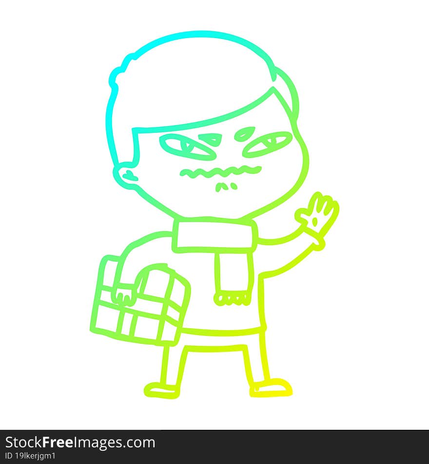 cold gradient line drawing cartoon angry man carrying parcel