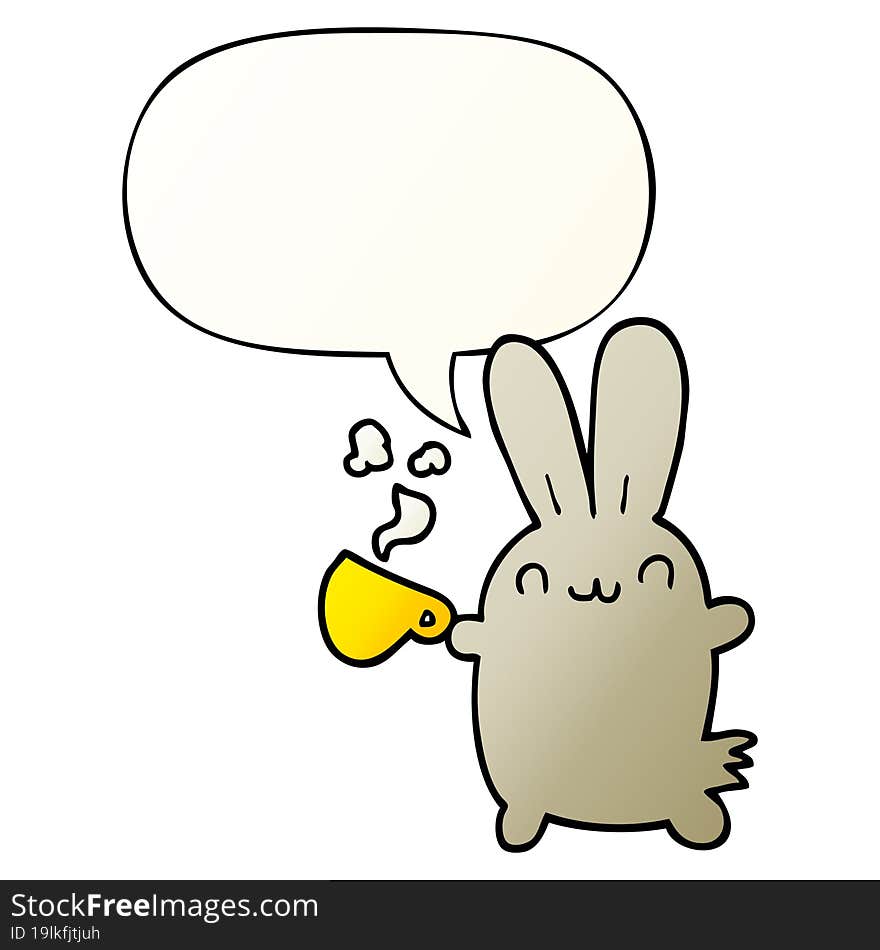 cute cartoon rabbit drinking coffee and speech bubble in smooth gradient style