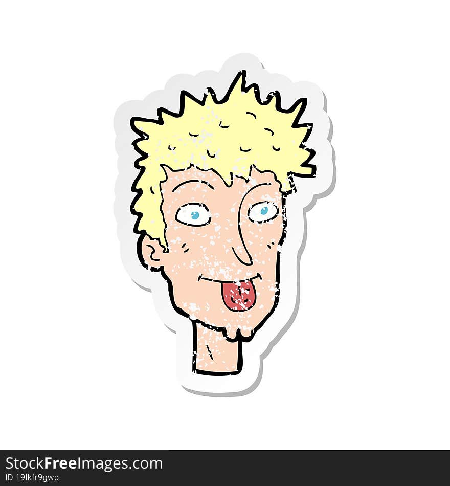 Retro Distressed Sticker Of A Cartoon Man Sticking Out Tongue