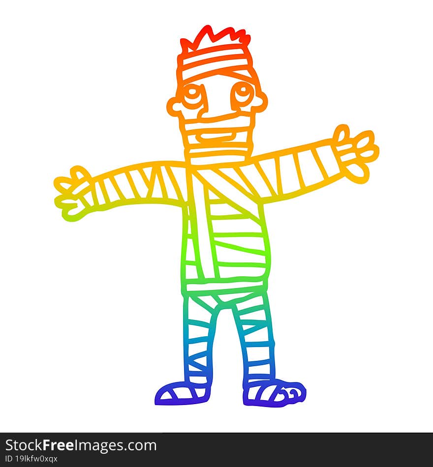 rainbow gradient line drawing cartoon man in bandages