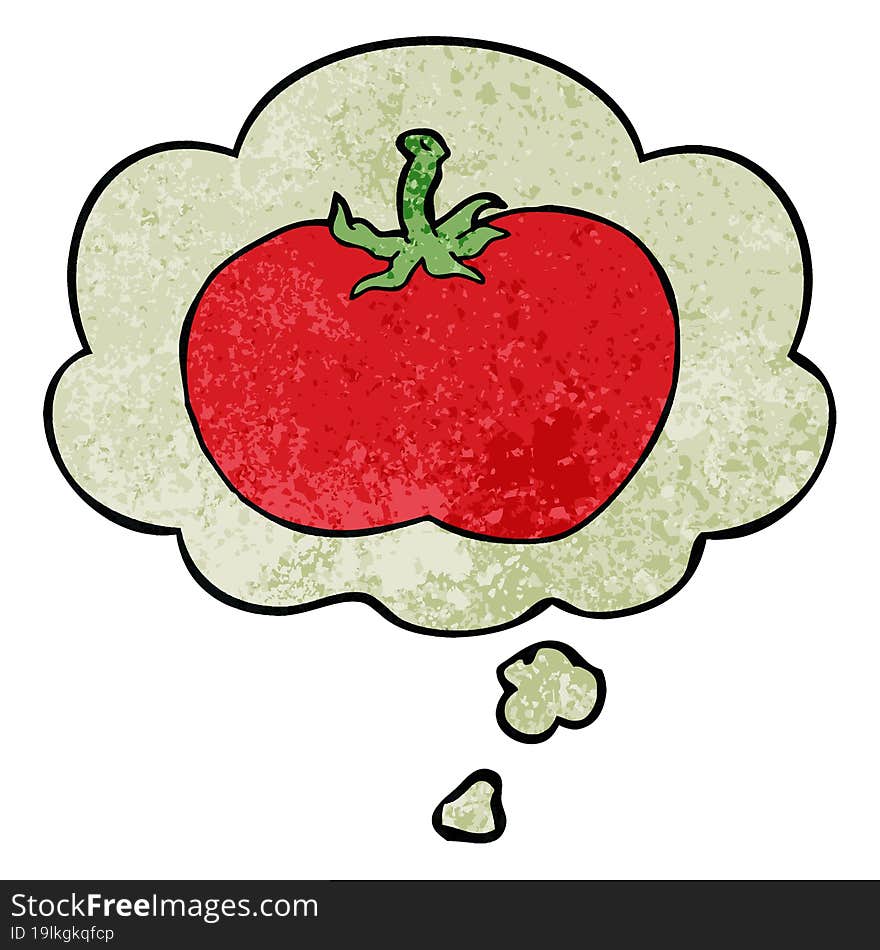 cartoon tomato and thought bubble in grunge texture pattern style