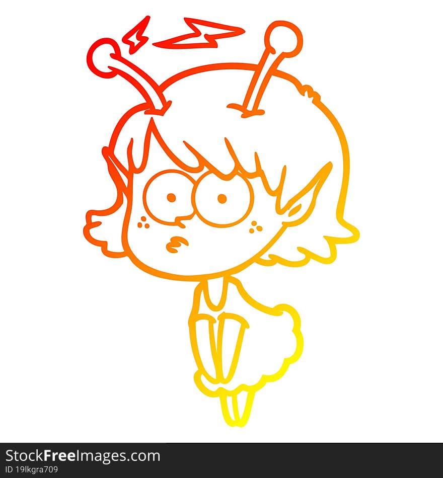 warm gradient line drawing of a cartoon alien girl