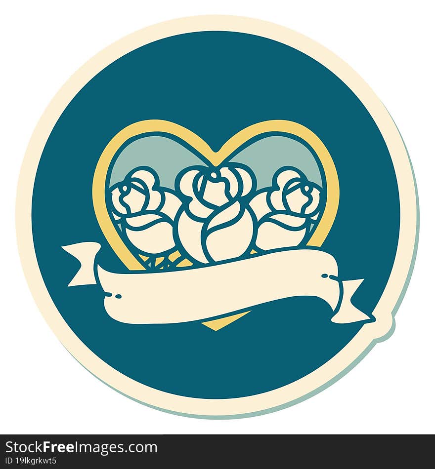 sticker of tattoo in traditional style of a heart and banner with flowers. sticker of tattoo in traditional style of a heart and banner with flowers