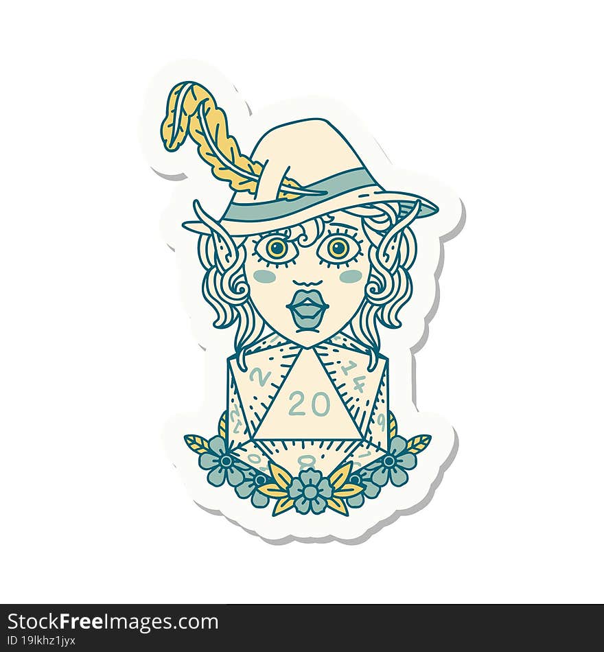 Elf Bard Character With Natural Twenty Dice Roll Sticker