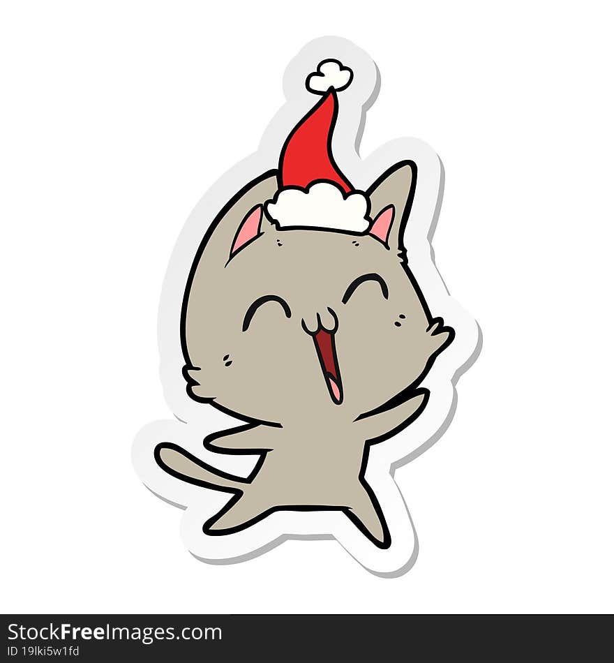 Happy Sticker Cartoon Of A Cat Wearing Santa Hat