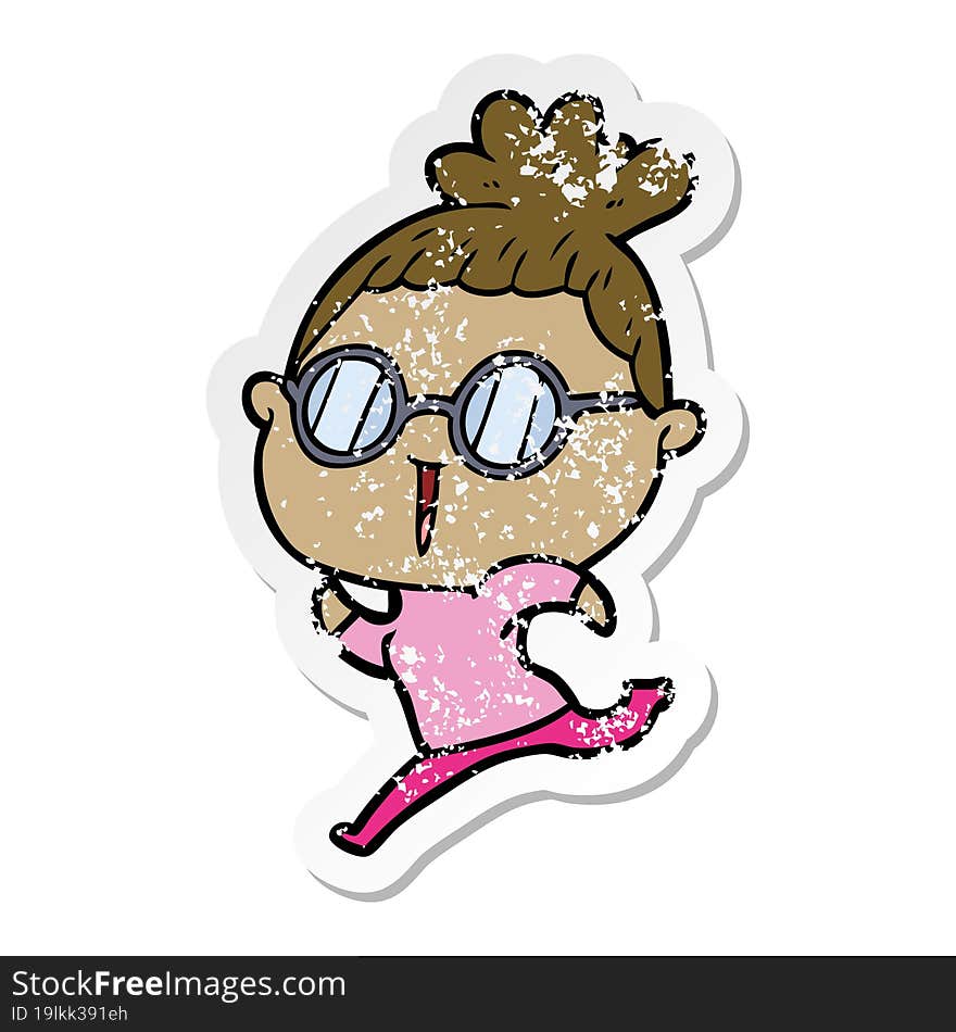 distressed sticker of a cartoon woman wearing spectacles