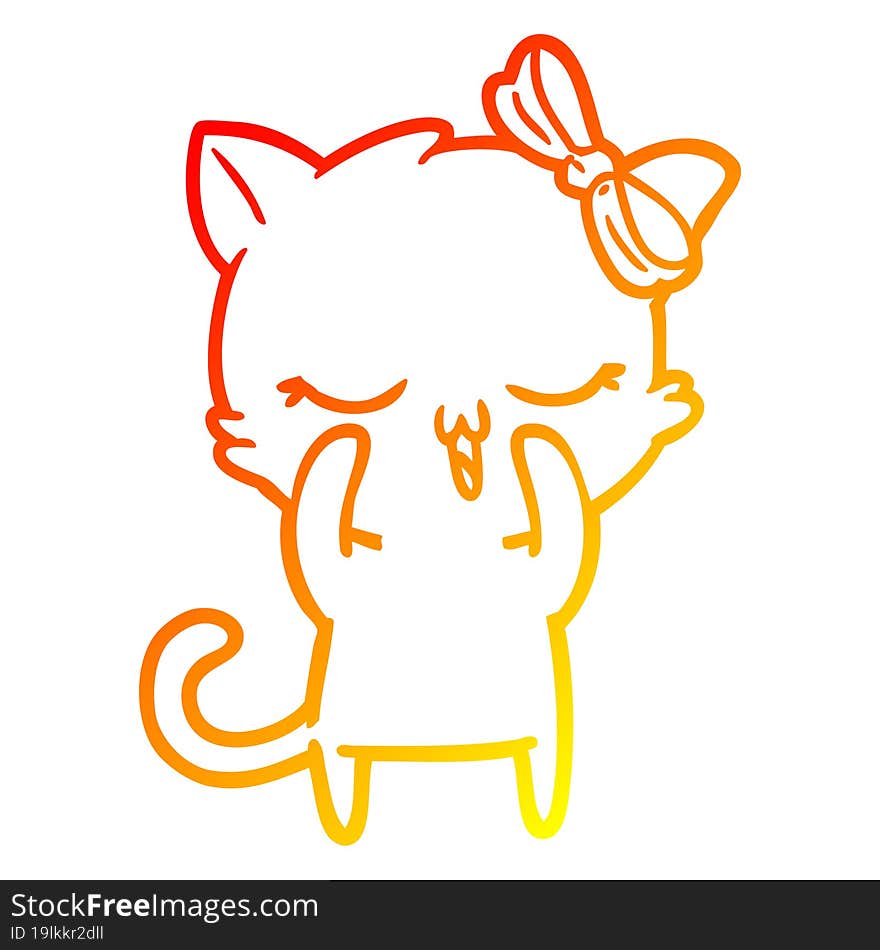 warm gradient line drawing cartoon cat with bow on head