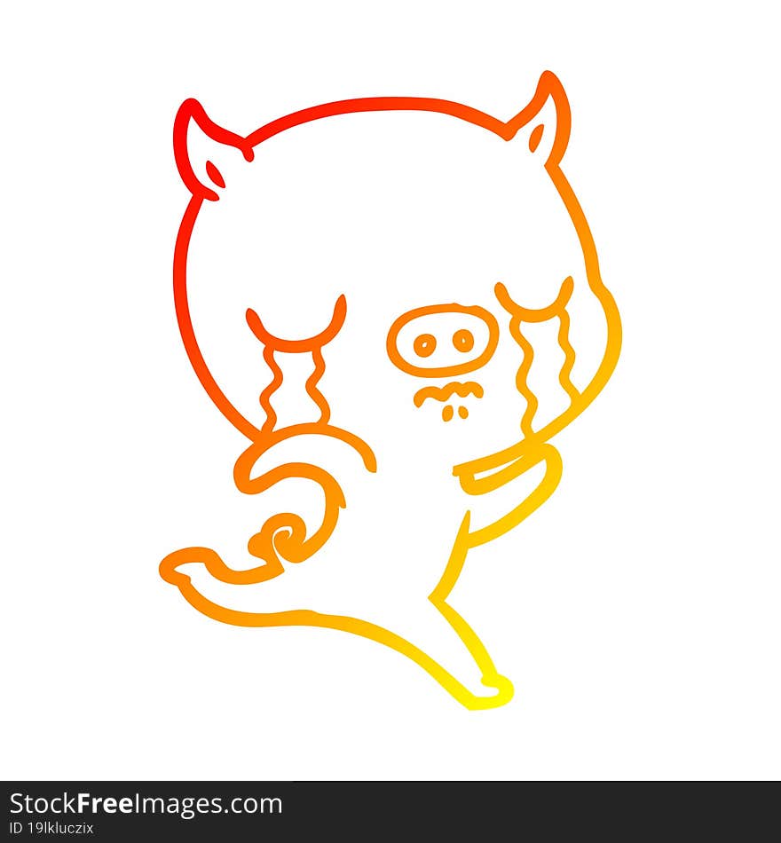 warm gradient line drawing cartoon running pig crying