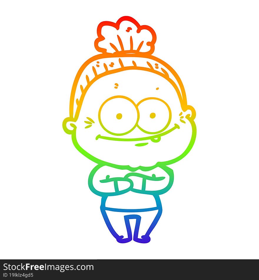 rainbow gradient line drawing of a cartoon happy old woman