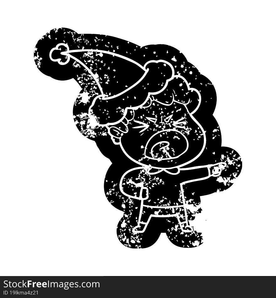 cartoon distressed icon of a furious man wearing santa hat