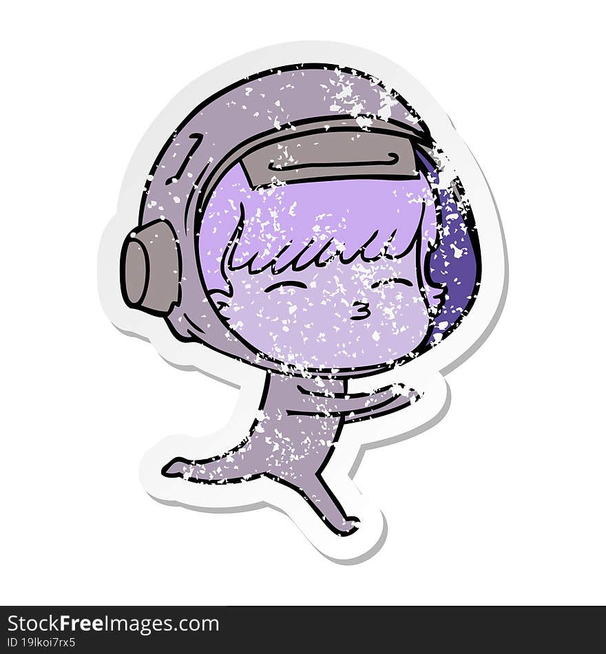 distressed sticker of a cartoon curious astronaut