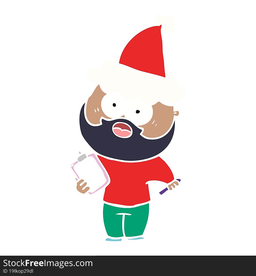 Flat Color Illustration Of A Bearded Man With Clipboard And Pen Wearing Santa Hat