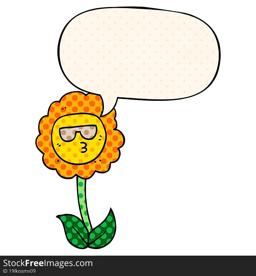 cartoon flower and speech bubble in comic book style