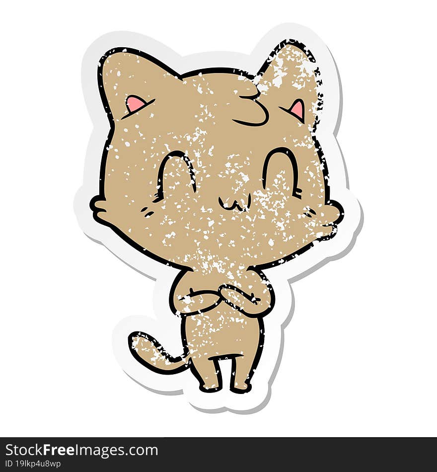 distressed sticker of a cartoon happy cat