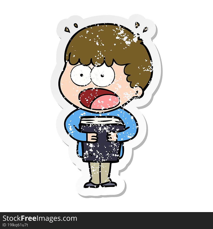 distressed sticker of a cartoon shocked man with a book