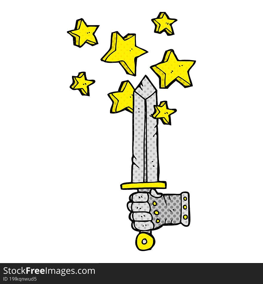 comic book style cartoon hand holding magic sword