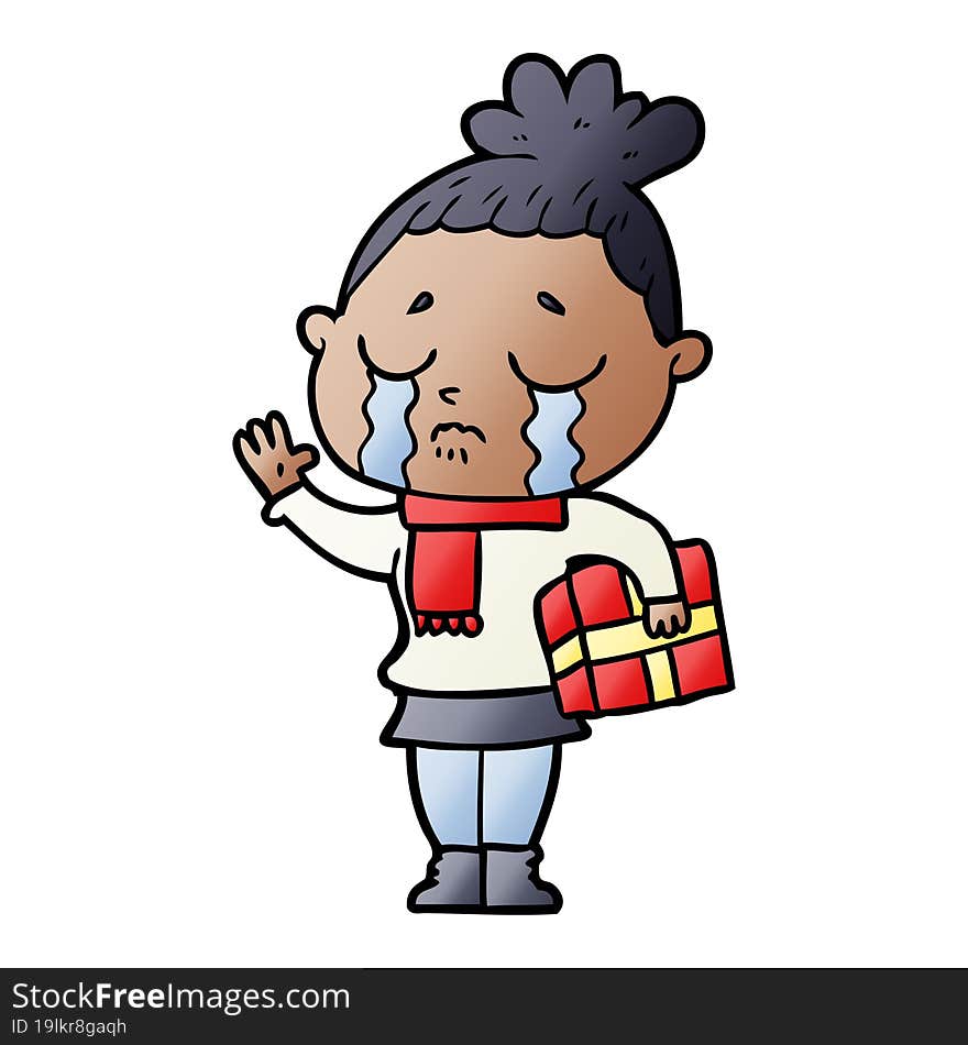 cartoon crying woman with christmas gift. cartoon crying woman with christmas gift