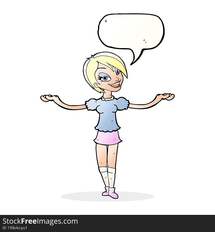 cartoon woman making open arm gesture with speech bubble