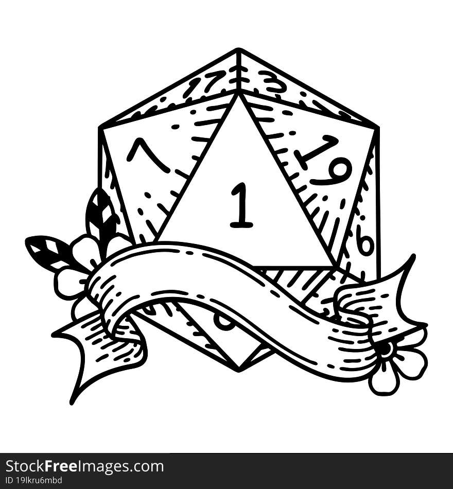 Black and White Tattoo linework Style natural one d20 dice roll. Black and White Tattoo linework Style natural one d20 dice roll