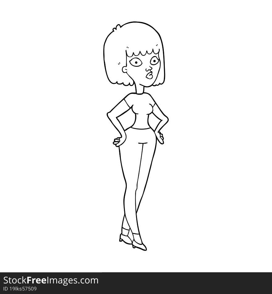 freehand drawn black and white cartoon woman with hands on hips