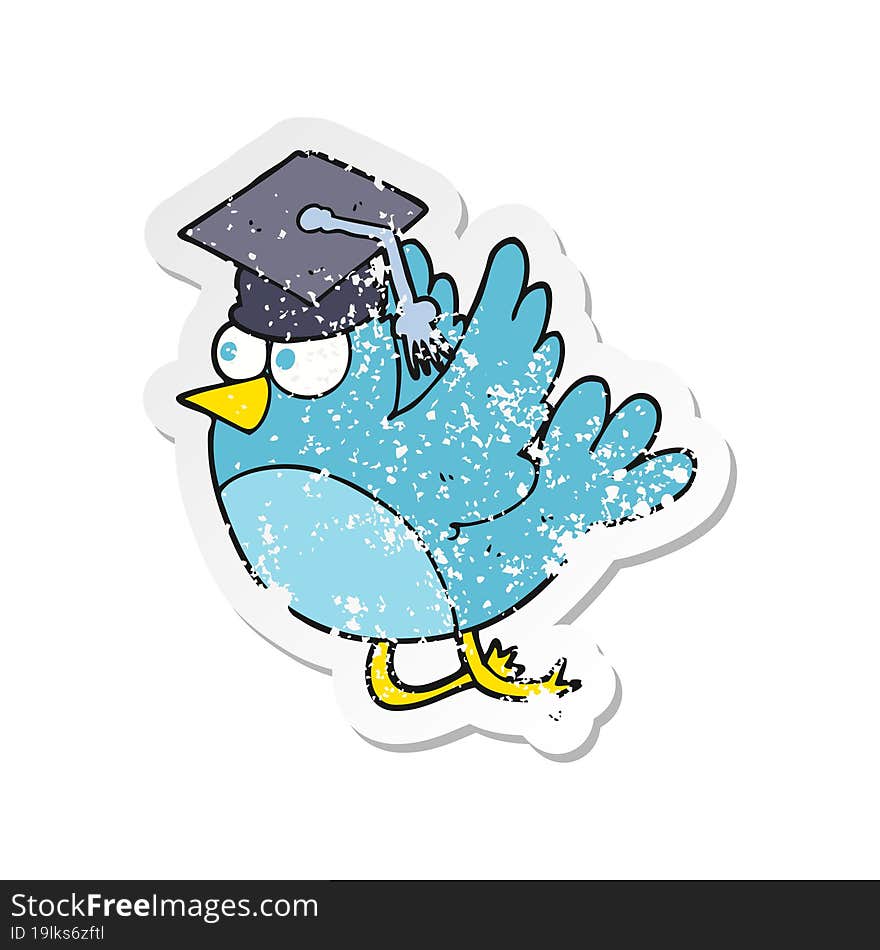 retro distressed sticker of a cartoon bird wearing graduation cap