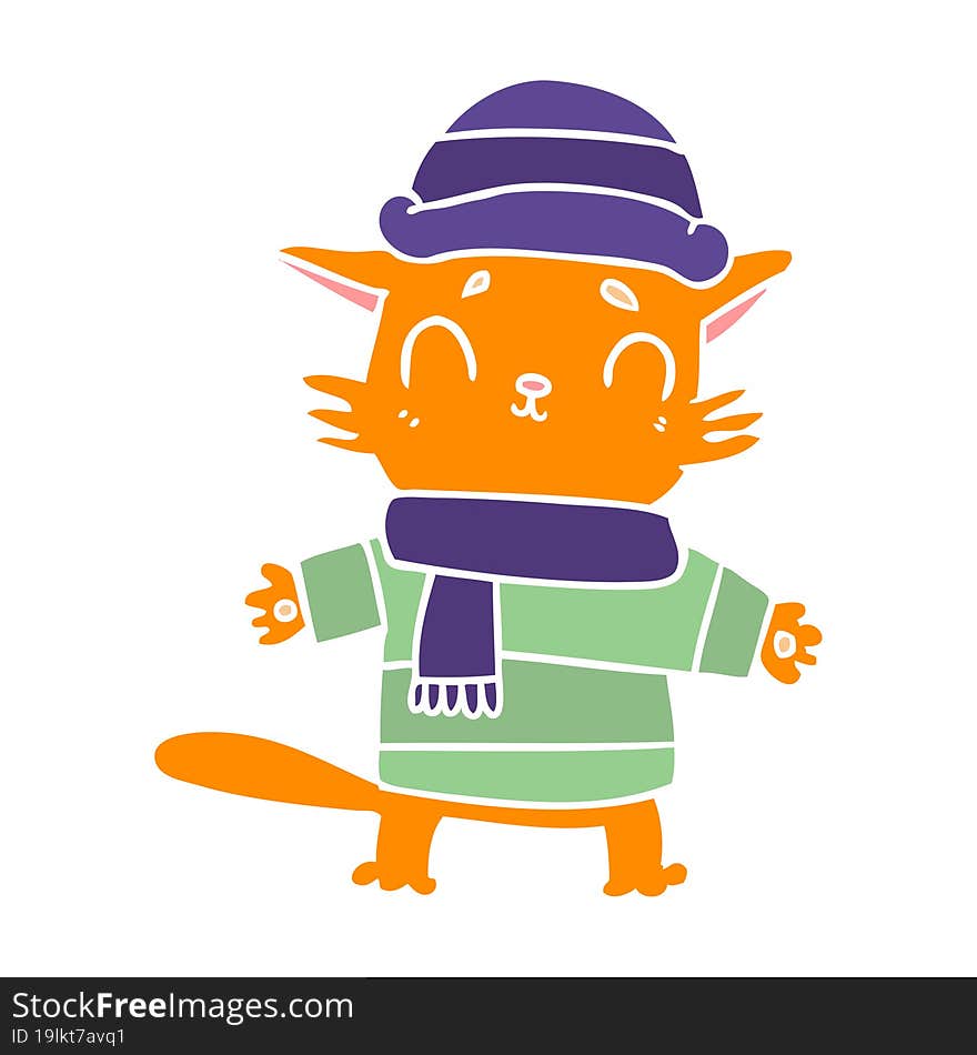 Flat Color Style Cartoon Cat In Winter Clothes