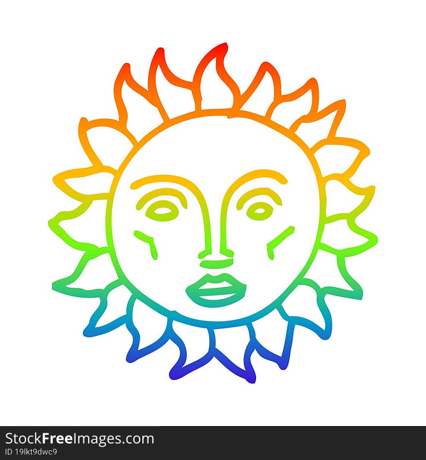 rainbow gradient line drawing cartoon traditional sun face