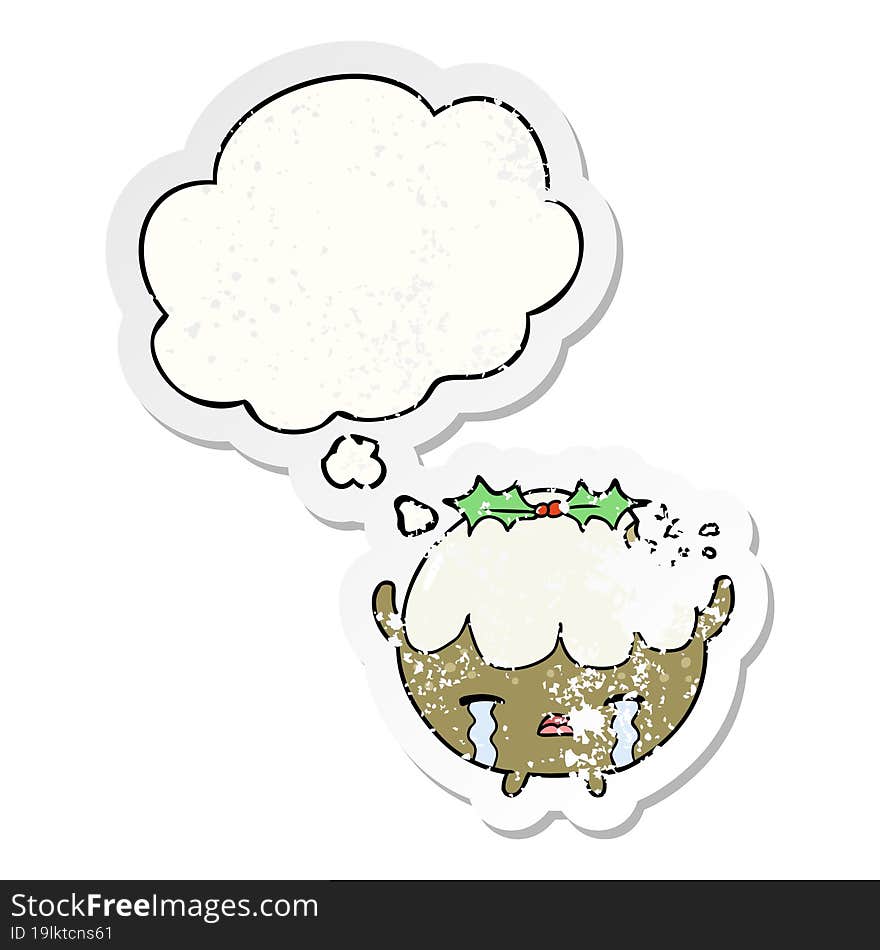 cartoon chrstmas pudding with thought bubble as a distressed worn sticker