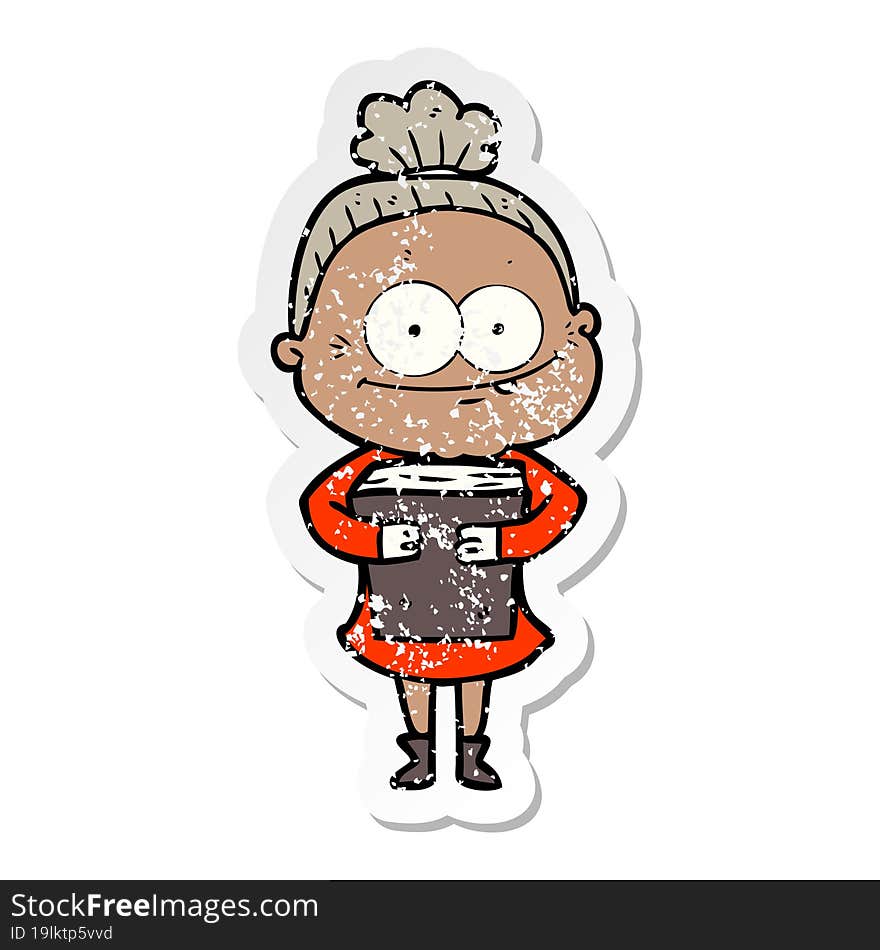 distressed sticker of a cartoon happy old woman