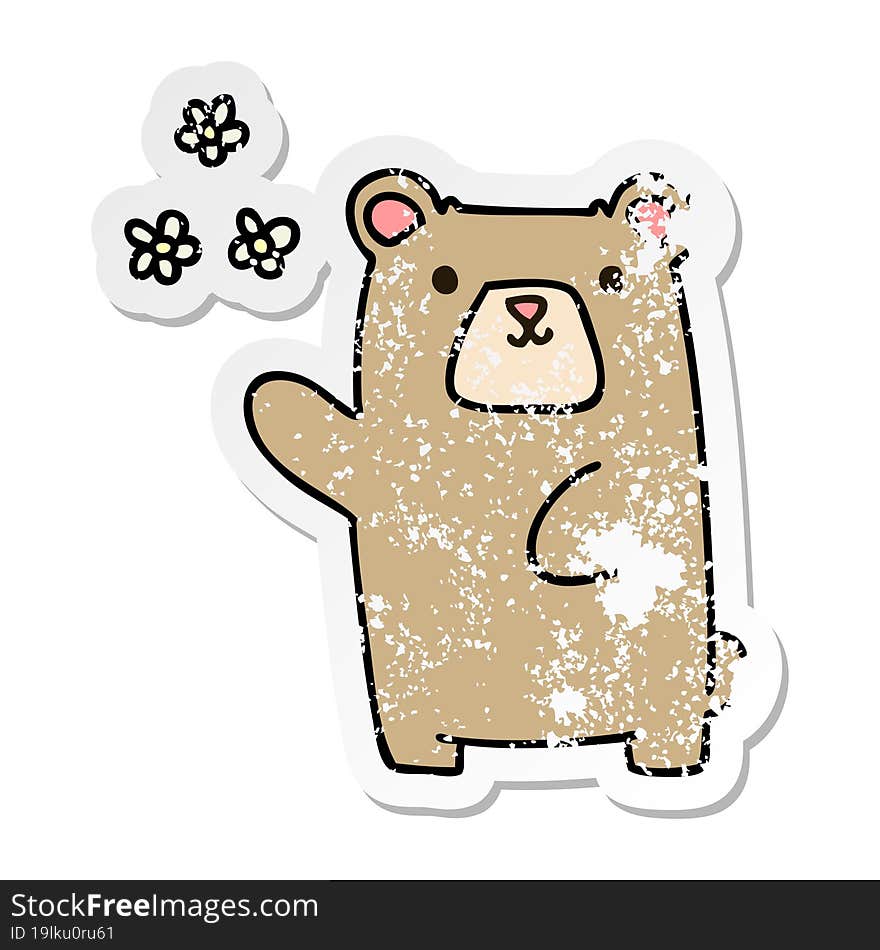 Distressed Sticker Of A Quirky Hand Drawn Cartoon Bear And Flowers