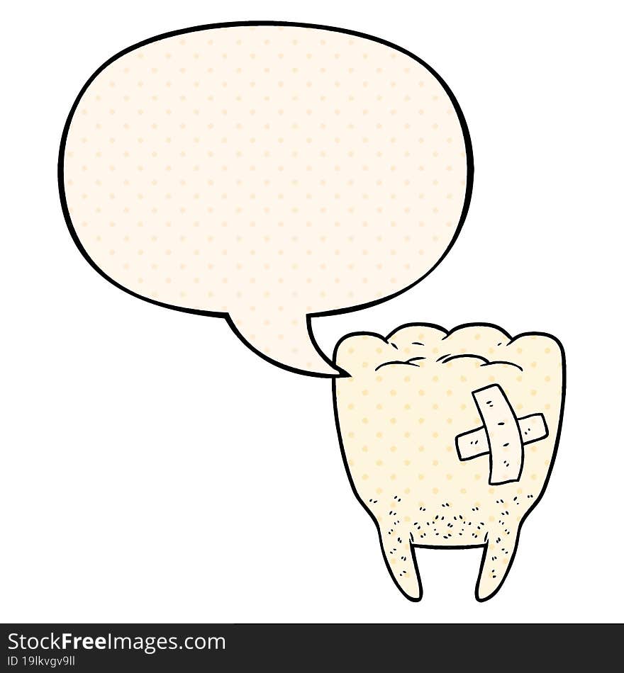 cartoon bad tooth and speech bubble in comic book style