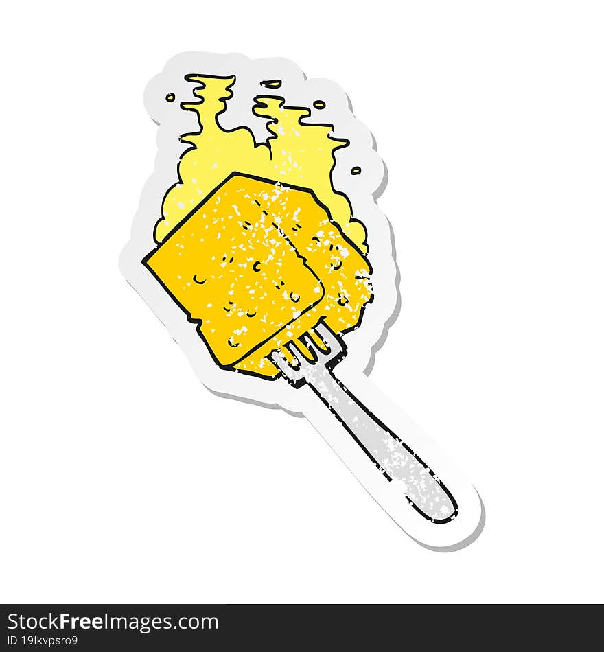 Retro Distressed Sticker Of A Cartoon Cheese On Fork