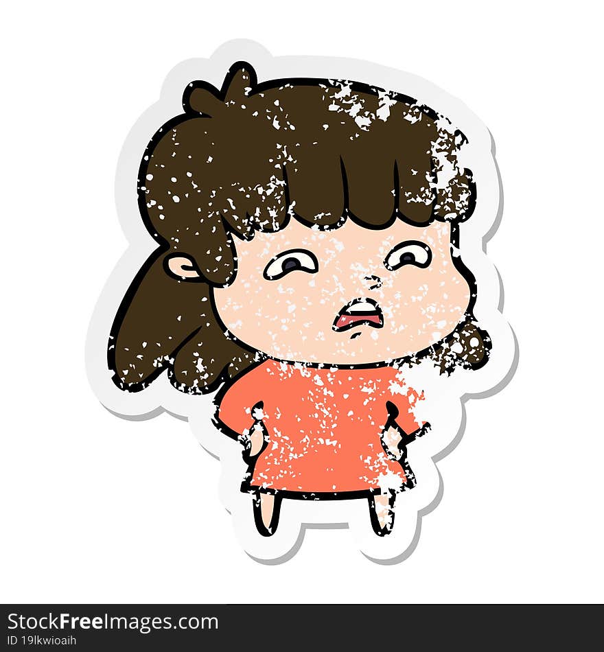 Distressed Sticker Of A Cartoon Worried Woman