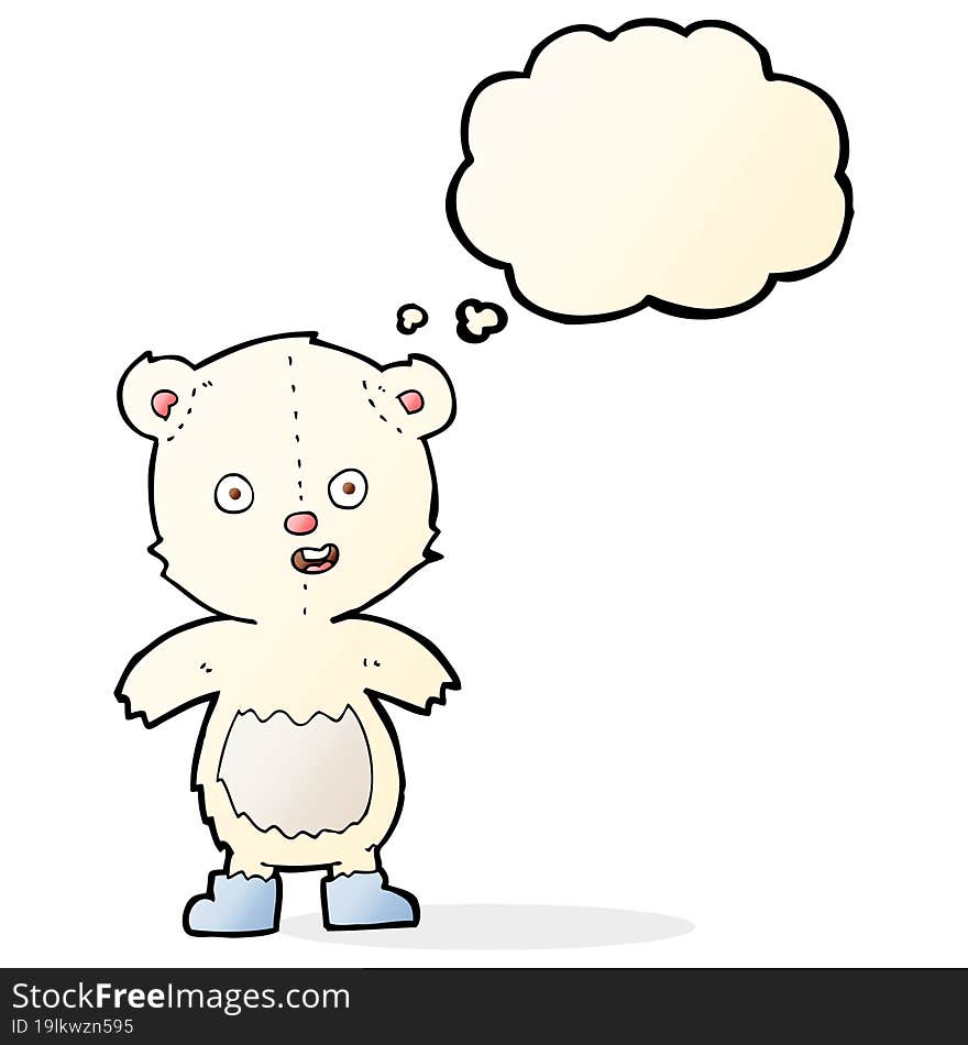 cartoon happy teddy bear in boots with thought bubble