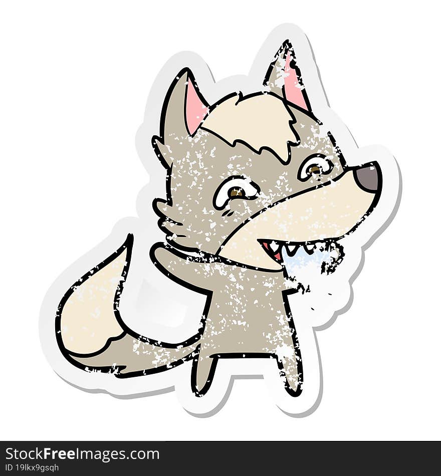 distressed sticker of a cartoon hungry wolf