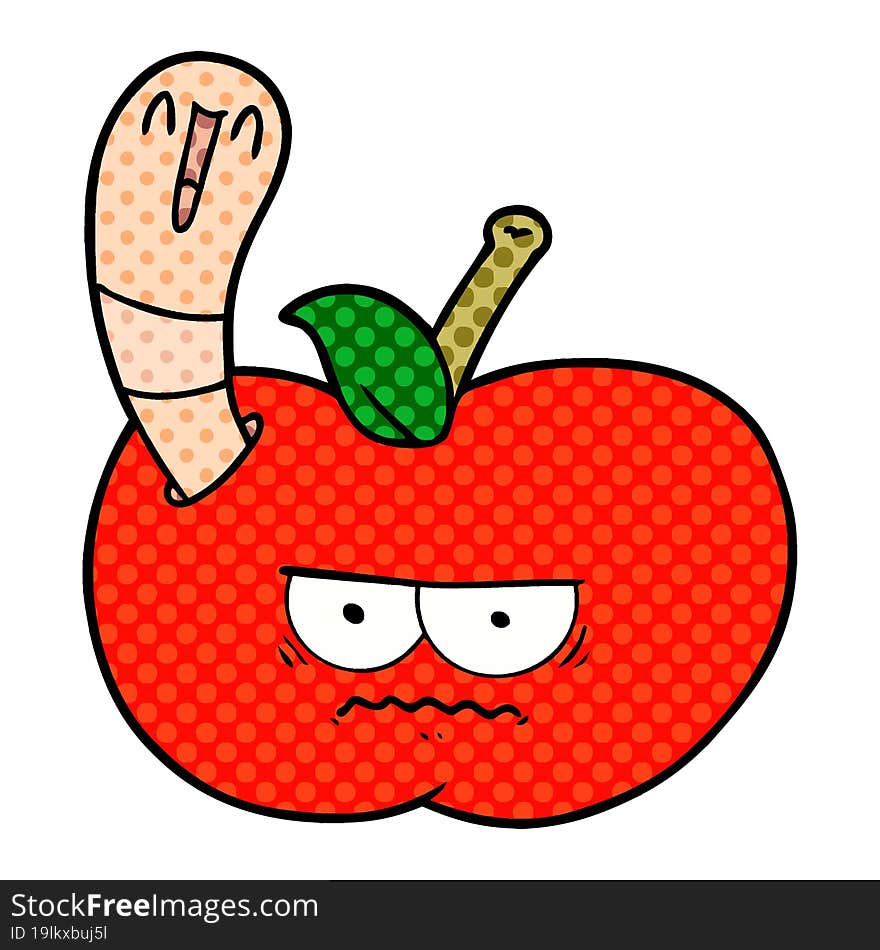 cartoon worm eating an angry apple. cartoon worm eating an angry apple