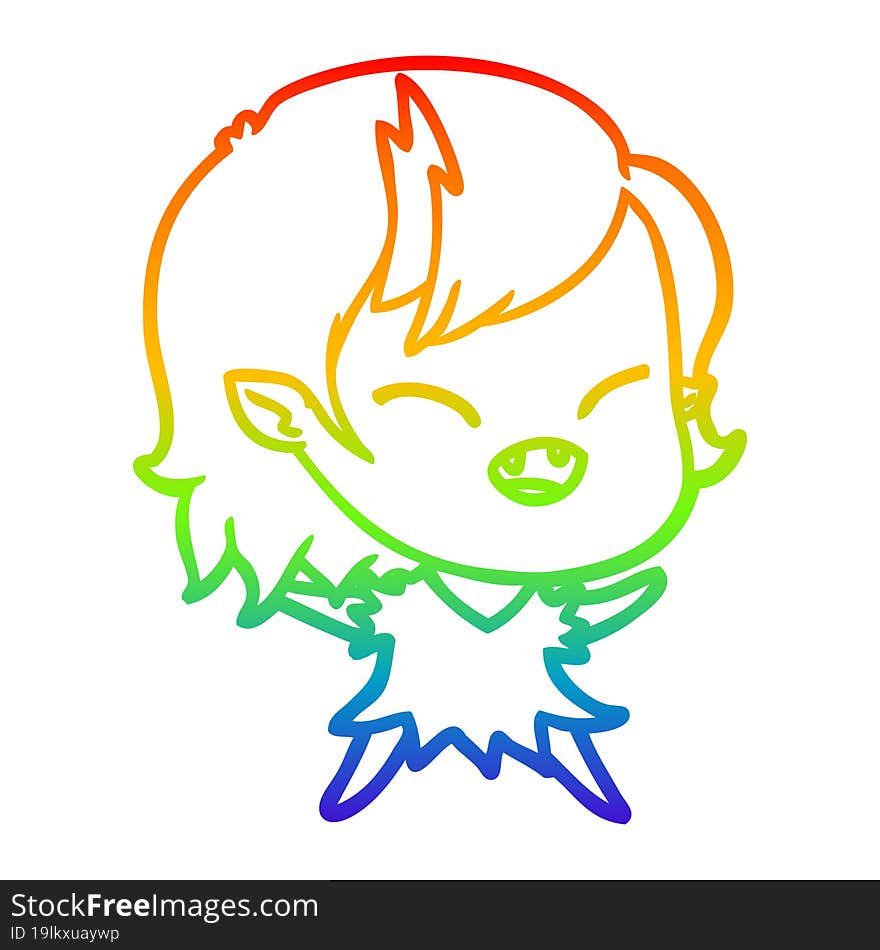 rainbow gradient line drawing of a cartoon laughing vampire girl